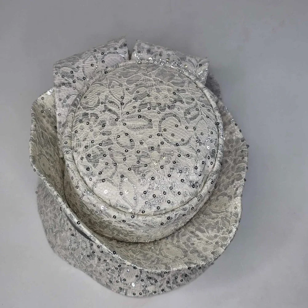 Ms Divine Hat Sun Women's Derby Church Brim Bow Rhinestone Sequin White Silver